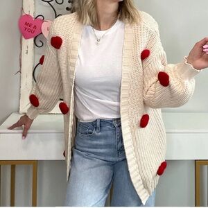 Arula White Red Hearts Long Sleeve Open Front Cardigan Womens Sweater Size B
